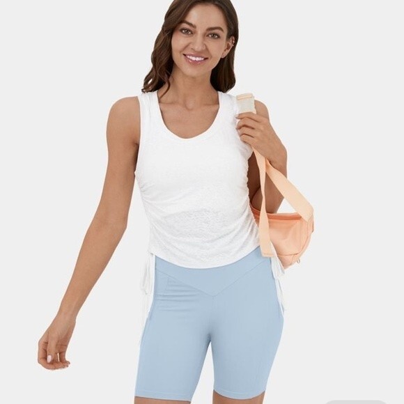 Halara Tank Top Womens XL White U Neck Side Lace Up Ruched Jacquard Casual NWT - Picture 2 of 13